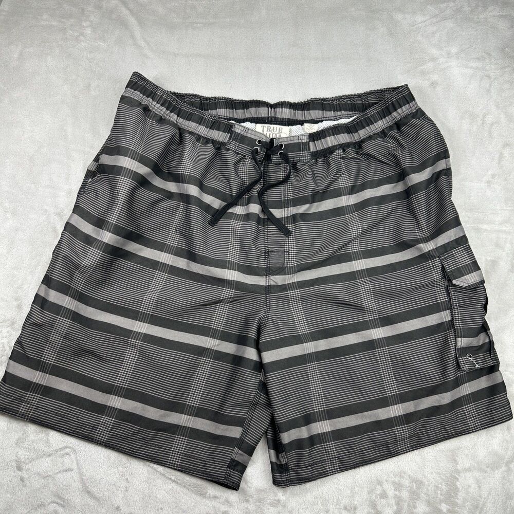 True Nation Swim Trunks Board Shorts 2XL Gray Plaid Check Beach Drawstring Mesh
